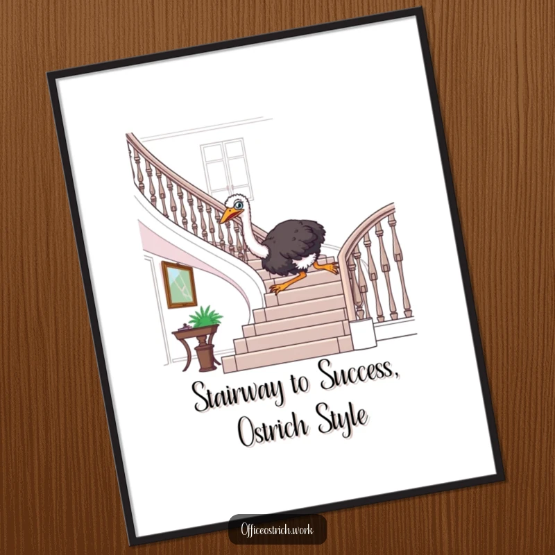 Funny Free Printable Wall Art of an ostrich joyfully sliding down a luxurious office banister, capturing pure fun.