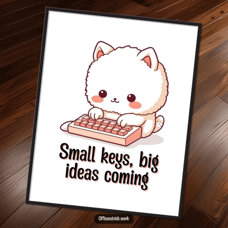 Funny Free Printable Wall Art: Adorable fluffy round animal humorously attempting to use a tiny keyboard, perfect for tech-themed decor.