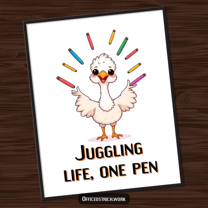 Funny Free Printable Wall Art: Cheerful ostrich artistically juggling a rainbow of pens, vibrant creative energy.
