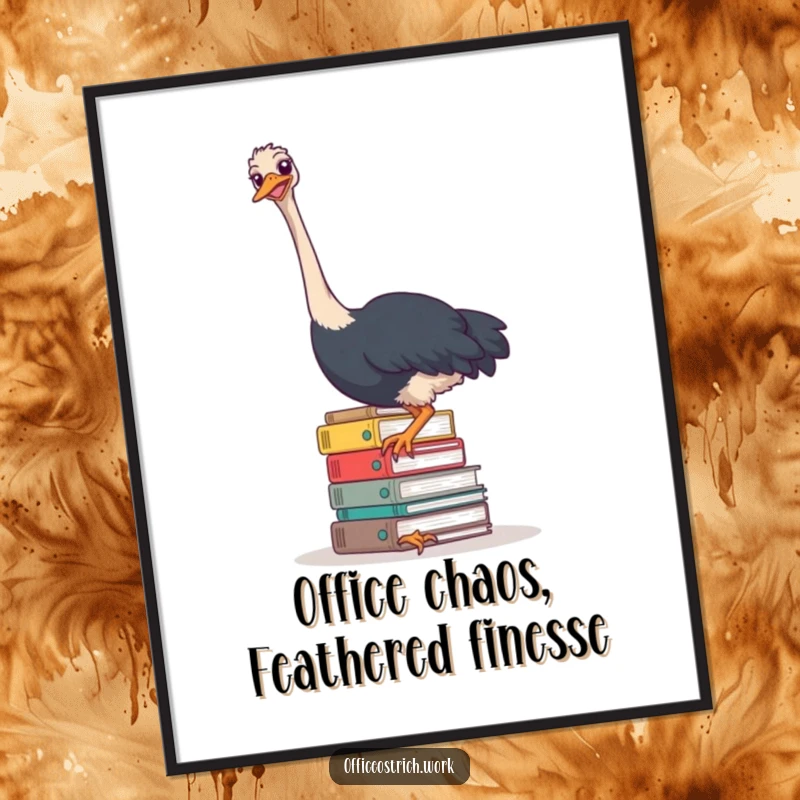 Funny Free Printable Wall Art of an ostrich comically attempting to balance an overwhelming stack of office files.