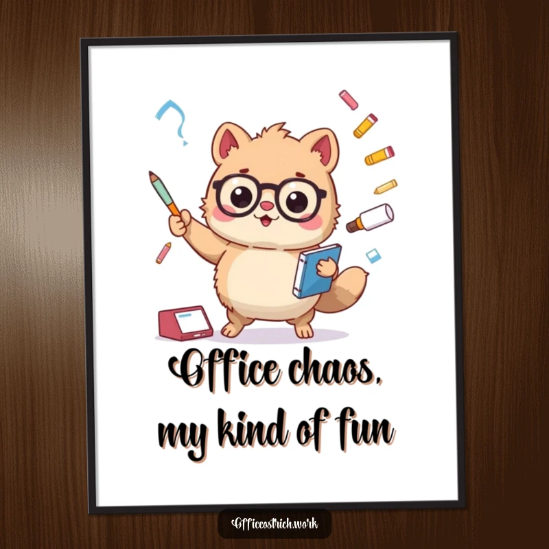 Funny Free Printable Wall Art: Adorable fuzzy round animal comically juggling oversized office supplies, bringing energetic humor.