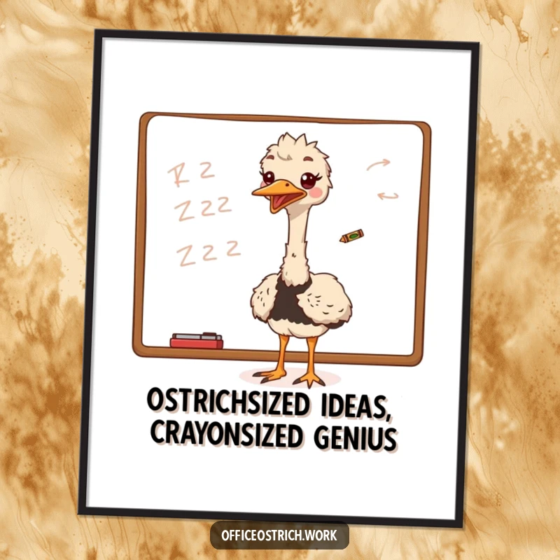 Funny Free Printable Ostrich Wall Art: An ostrich excitedly scribbles a colorful design on a whiteboard with a tiny crayon, full of artistic energy.