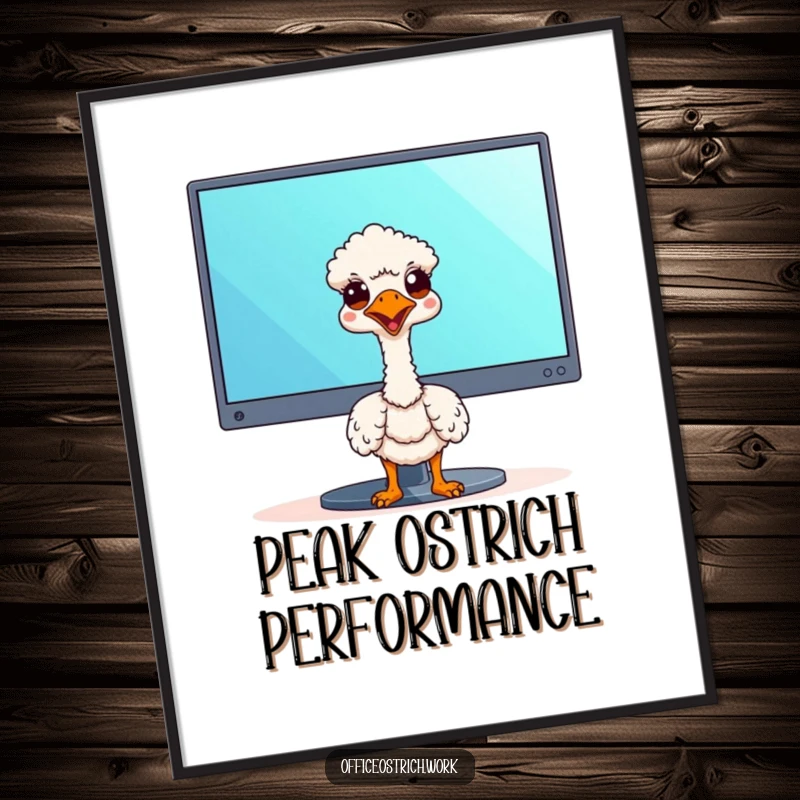 Funny Free Printable Wall Art: Kawaii ostrich peeking curiously from behind a large computer monitor, office humor.