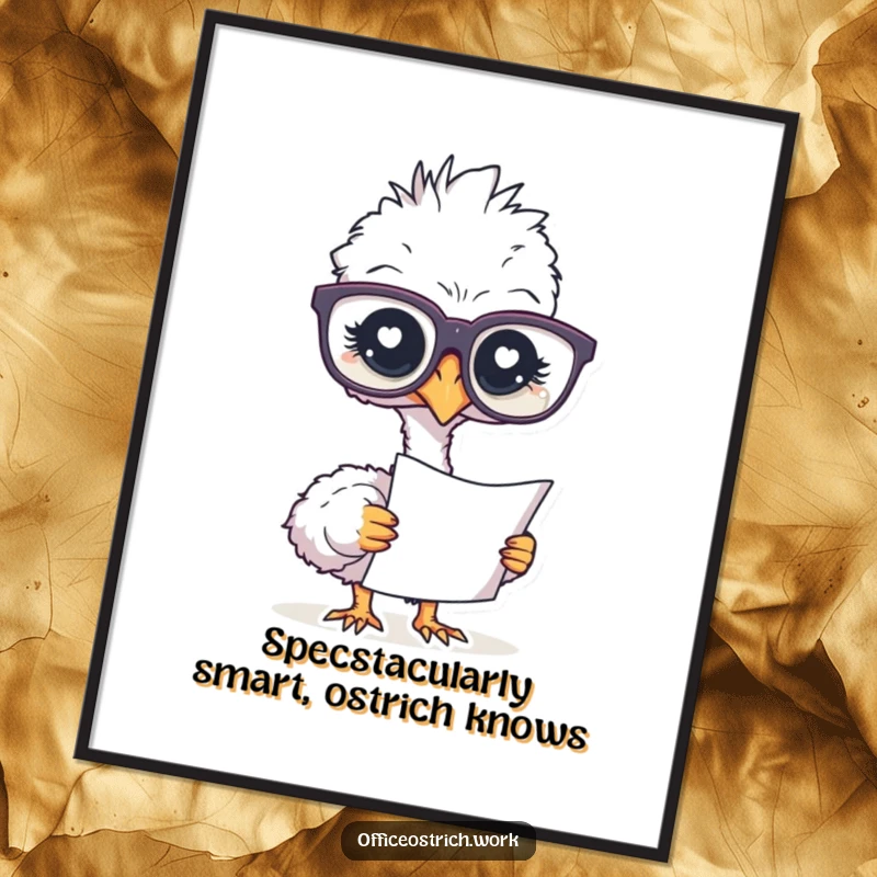 Funny Free Printable Ostrich Wall Art: An ostrich with glasses studying a document, downloadable art for a humorous, intelligent vibe.