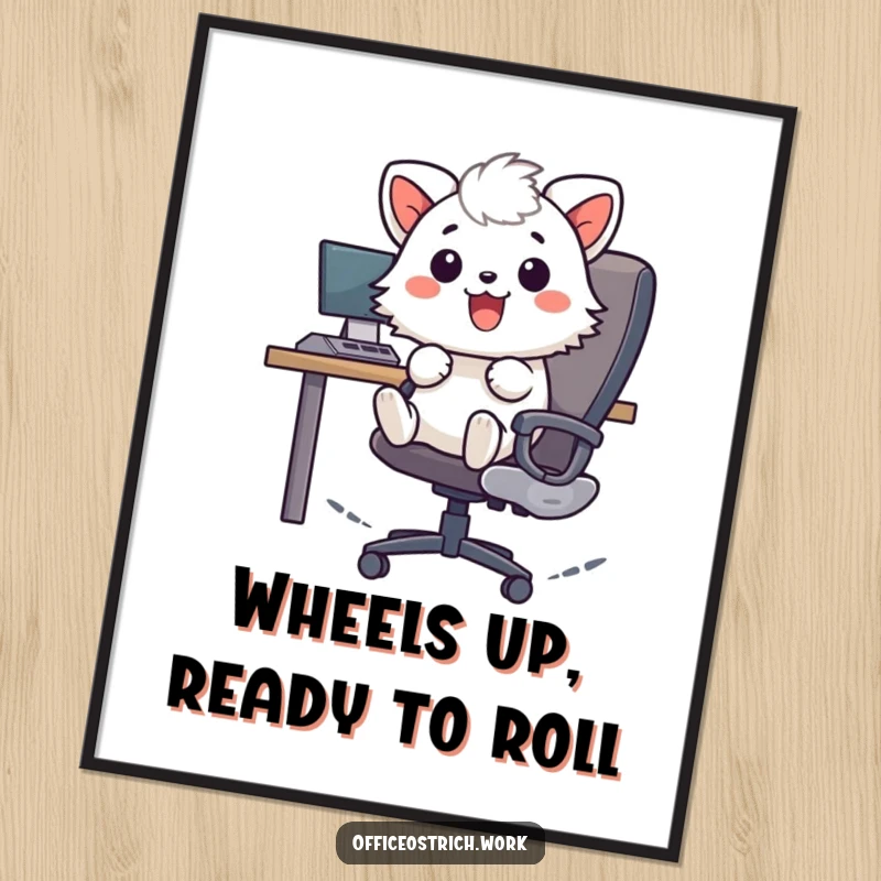 Funny Free Printable Wall Art: Cheerful fuzzy animal joyfully zooming around on an office chair, adding playful energy to decor.
