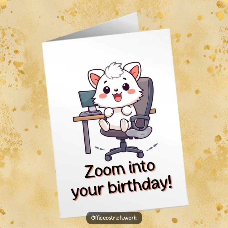 Funny Free Printable Birthday Card: Cheerful fuzzy animal joyfully zooming around on an office chair for a birthday celebration.