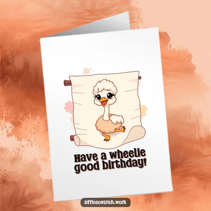 Funny Free Printable Birthday Card: Ostrich happily sliding down a large abstract paper scroll, joyful celebration.