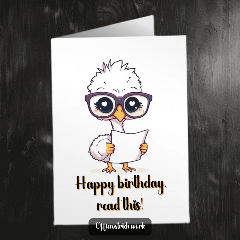 Funny Free Printable Ostrich Birthday Card: An ostrich in big glasses studies a document, downloadable art for a smart birthday wish.
