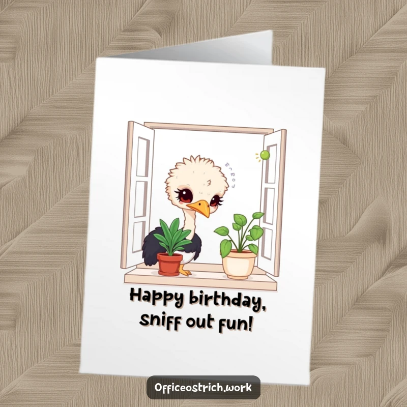 Funny Free Printable Ostrich Birthday Card: A curious ostrich sniffing a plant, downloadable art for a quirky birthday wish.