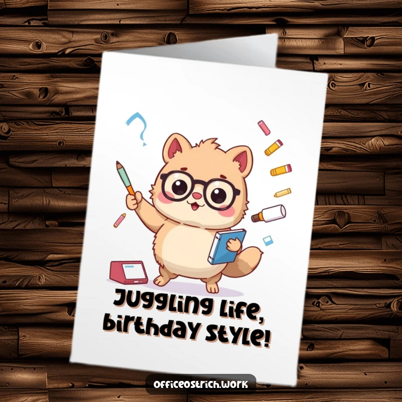 Funny Free Printable Birthday Card: Fuzzy round animal comically juggling giant pens, staplers, and paperclips for a birthday.