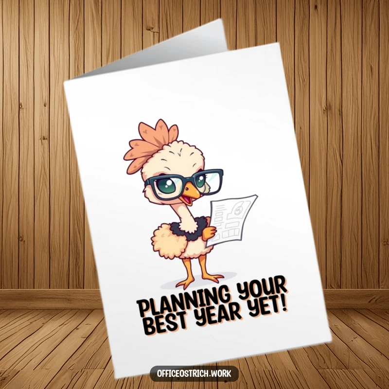 Funny Free Printable Birthday Card of an ostrich wearing huge glasses, intensely studying a blueprint for a big project.