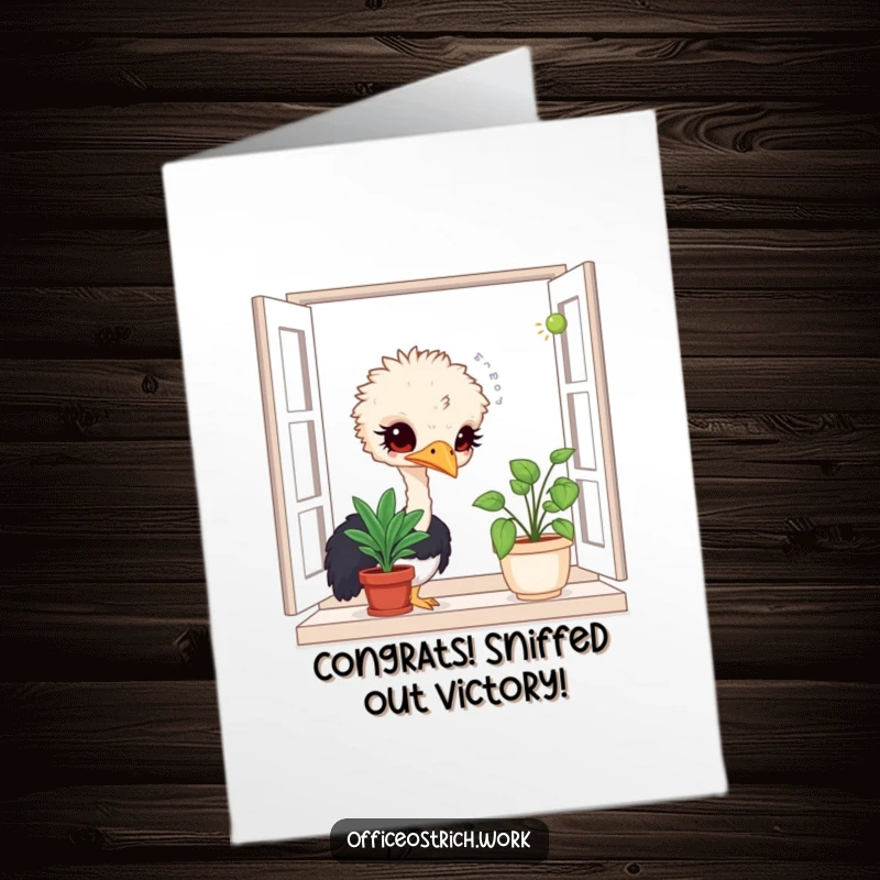 Funny Free Printable Ostrich Congratulations Card: A curious ostrich investigating a plant, a downloadable chuckle for their success.