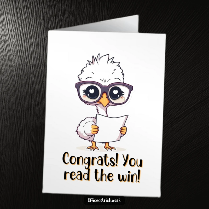 Funny Free Printable Ostrich Congratulations Card: An ostrich with glasses pores over a document, a downloadable LOL for their smarts.