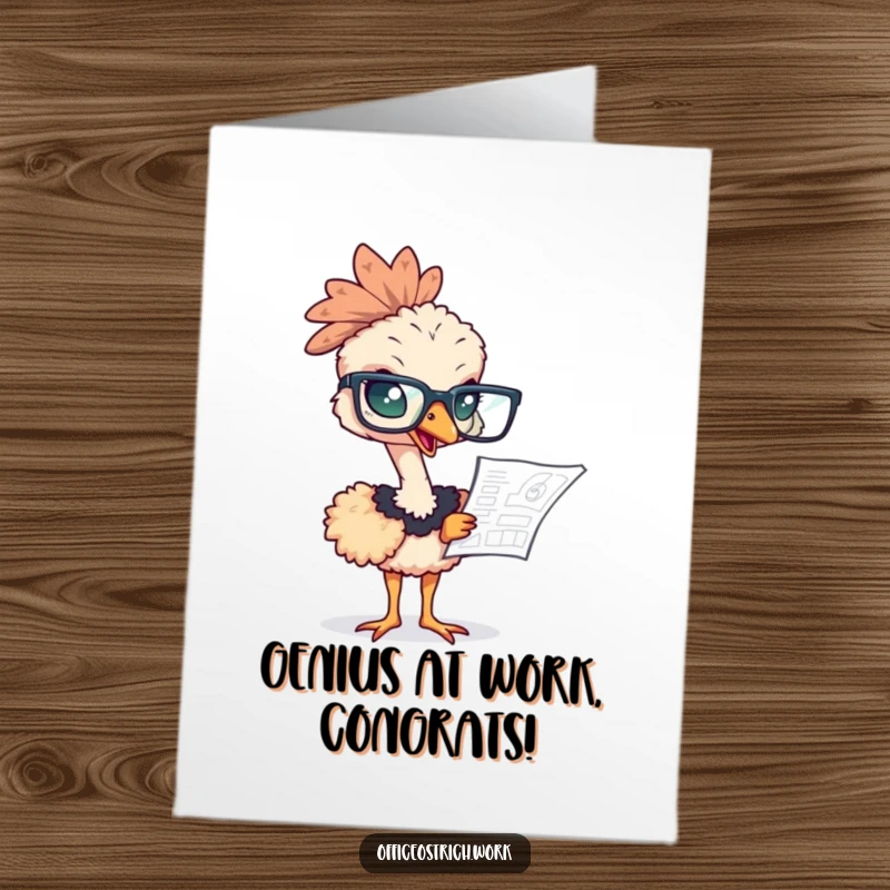 Funny Free Printable Congratulations Card showing an ostrich with oversized glasses concentrating hard on a complex blueprint.