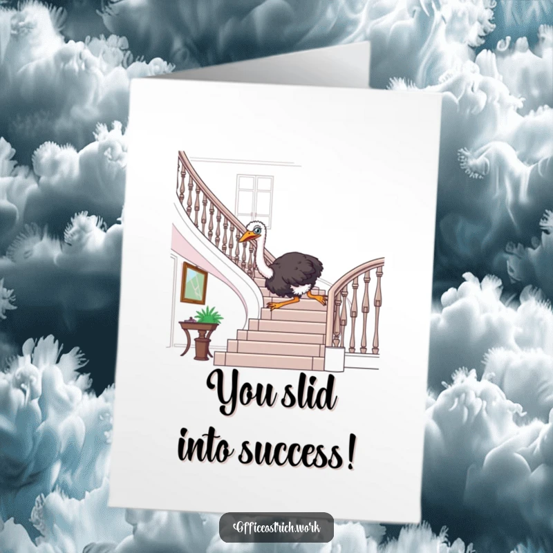 Funny Free Printable Congratulations Card featuring a gleeful ostrich sliding down an office banister, celebrating success.