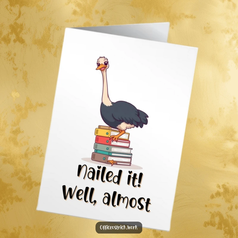 Funny Free Printable Congratulations Card showing an ostrich triumphantly (or not) balancing a massive pile of office files.
