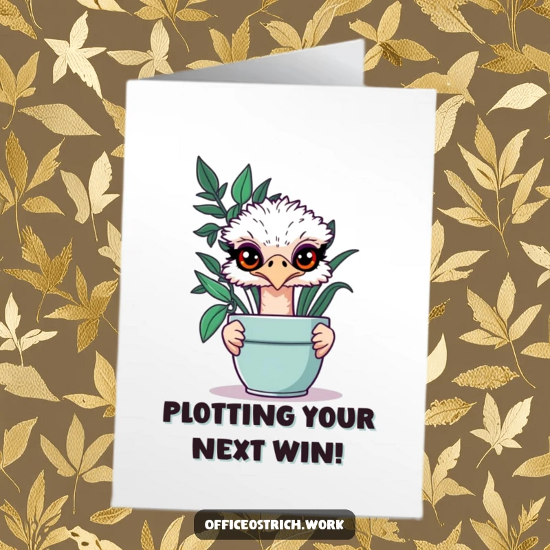 Funny Free Printable Congratulations Card with a mischievous ostrich peeking from behind a plant, hinting at a secret success.