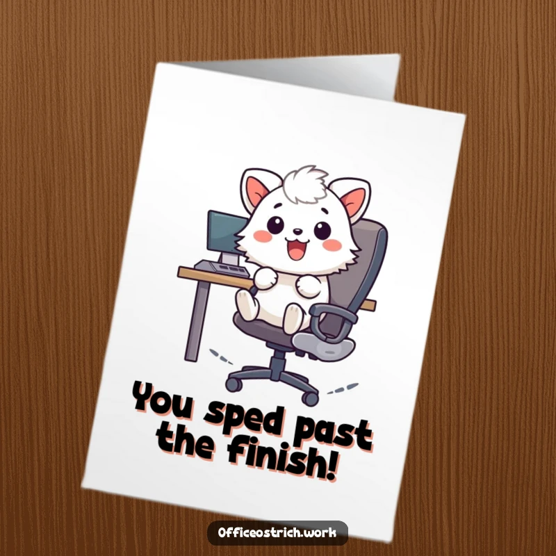 Funny Free Printable Congratulations Card: Cheerful fuzzy animal spinning gleefully on an office chair, celebrating a big win.