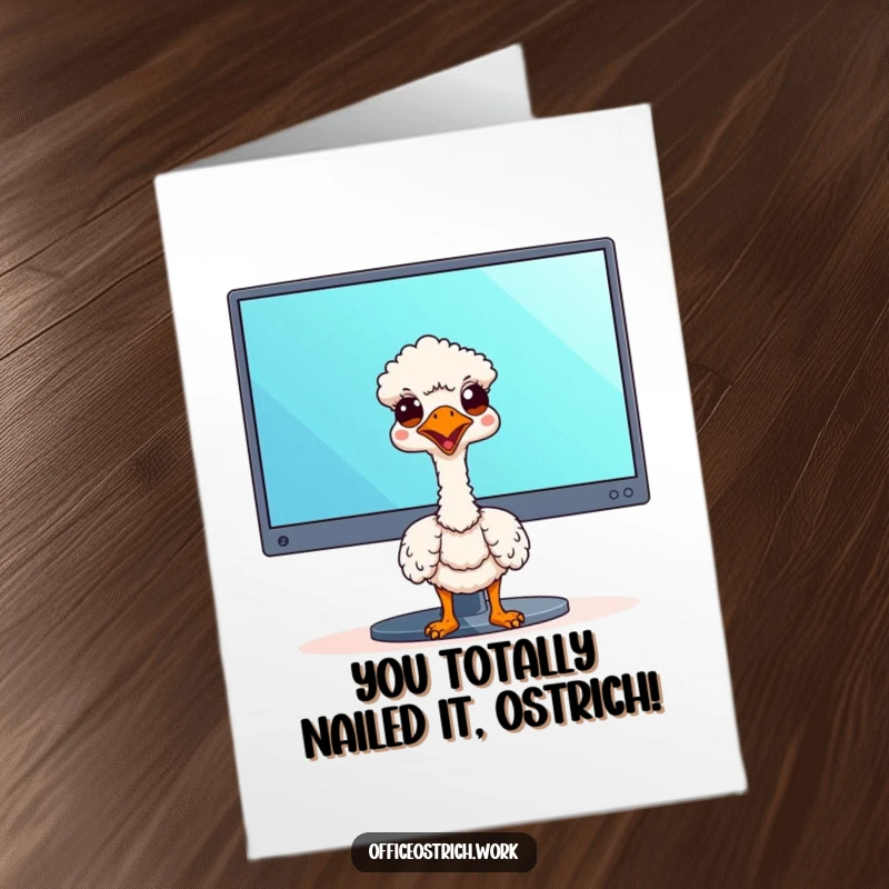 Funny Free Printable Congrats Card: Kawaii ostrich peeking from behind a monitor, celebrating success, office encouragement.