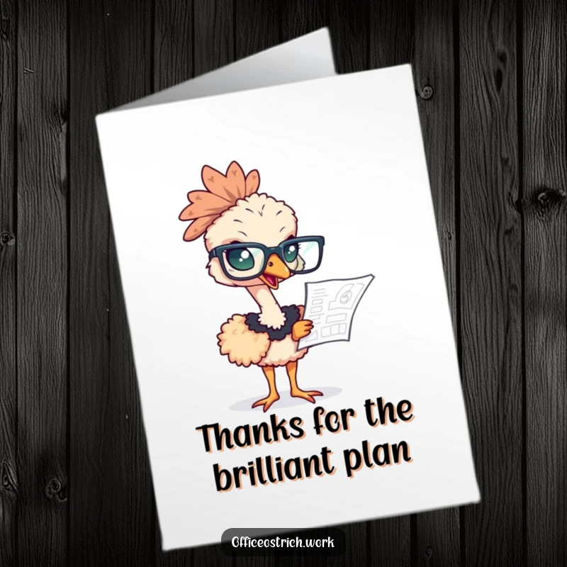 Funny Free Printable Thank You Card featuring an ostrich in big glasses, deeply focused on a blueprint, signifying thoughtful planning.