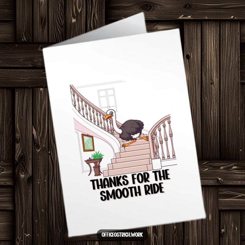 Funny Free Printable Thank You Card depicting an ostrich gleefully sliding down a grand office banister, expressing thanks.
