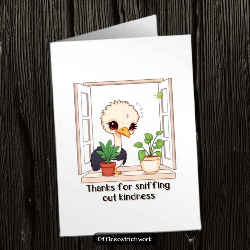 Funny Free Printable Ostrich Thank You Card: A curious ostrich smelling a plant, downloadable art for a uniquely funny thanks.