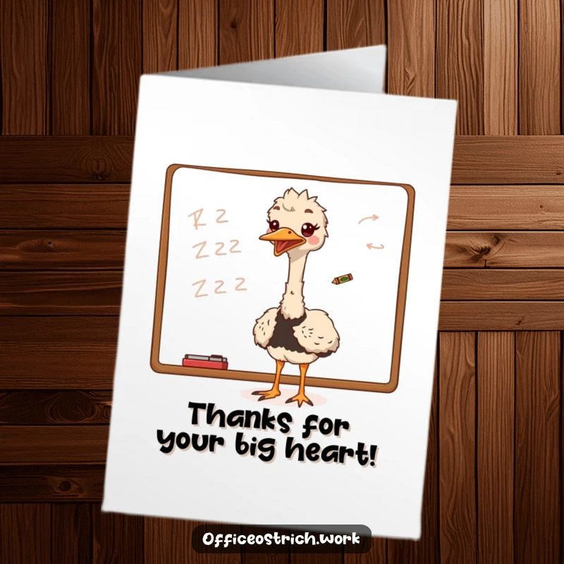 Funny Free Printable Ostrich Thank You Card: An ostrich happily scribbles on a whiteboard with a tiny crayon, conveying thanks creatively.