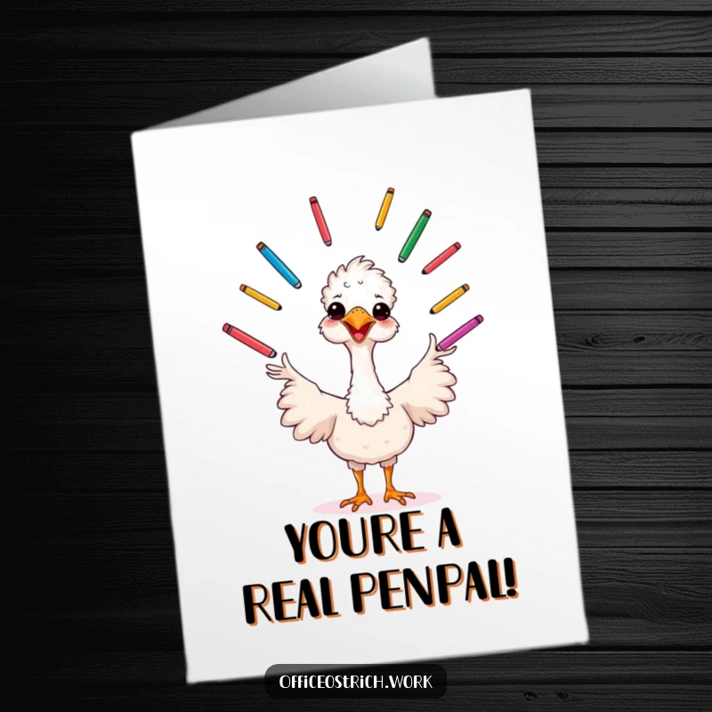 Funny Free Printable Thank You Card: Cheerful ostrich juggling colorful pens, expressing thanks creatively.