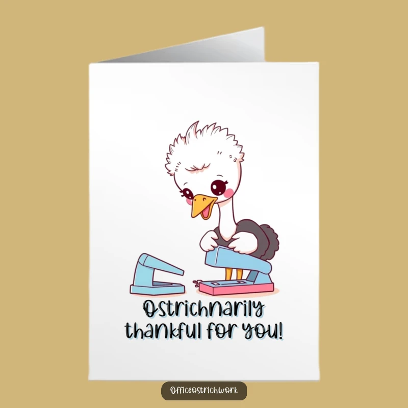 Desk Buddy Free Printable Thank You Card: Ostrich Stapler Pecking Downloadable