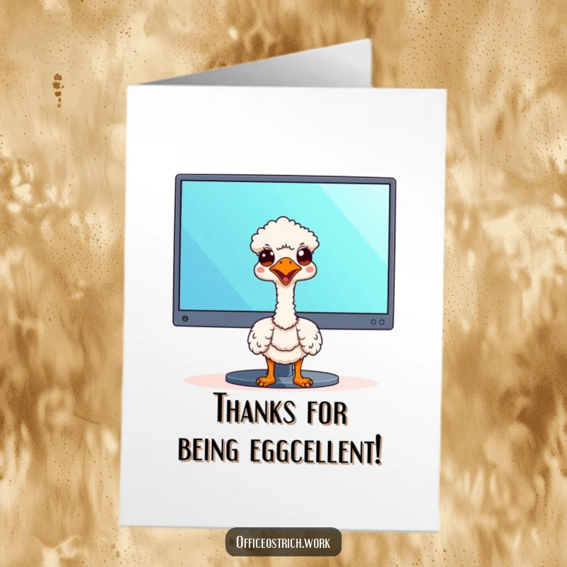 Funny Free Printable Thank You Card: Kawaii ostrich peeking behind a monitor, expressing thanks with humor.