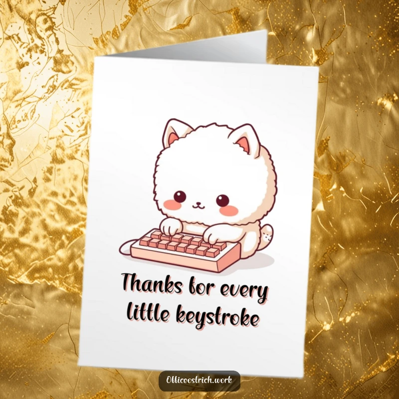 Funny Free Printable Thank You Card: Fluffy round animal humorously trying to use a miniature keyboard, conveying thanks.