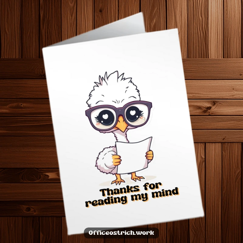 Funny Free Printable Ostrich Thank You Card: An ostrich in oversized glasses studying, downloadable art for a clever thank you.