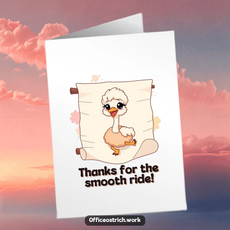 Funny Free Printable Thank You Card: Ostrich sliding down a paper scroll, expressing thanks with a playful descent.
