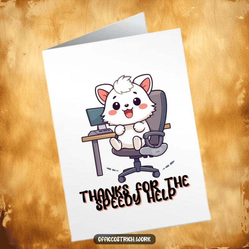 Funny Free Printable Thank You Card: Cheerful fuzzy animal zooming on an office chair, conveying thanks with playful energy.