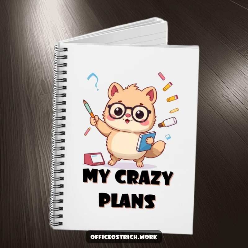 Funny fuzzy round animal character juggling office supplies on the cover of a lined notebook. Great for planning and creative writing.