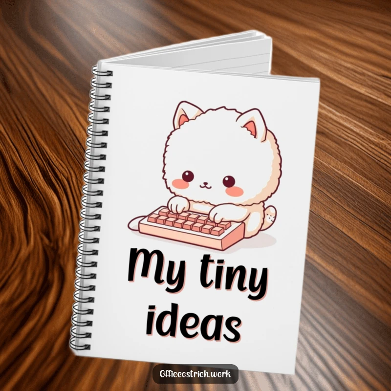 Funny fluffy round animal character struggling with a tiny keyboard on the cover of a lined notebook. Great for coding notes and daily entries.
