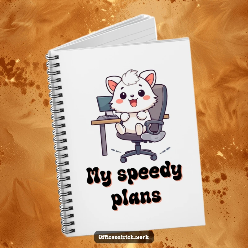 Funny cheerful fuzzy round animal character zooming on an office chair on the cover of a lined notebook. Great for daily planning and ideas.