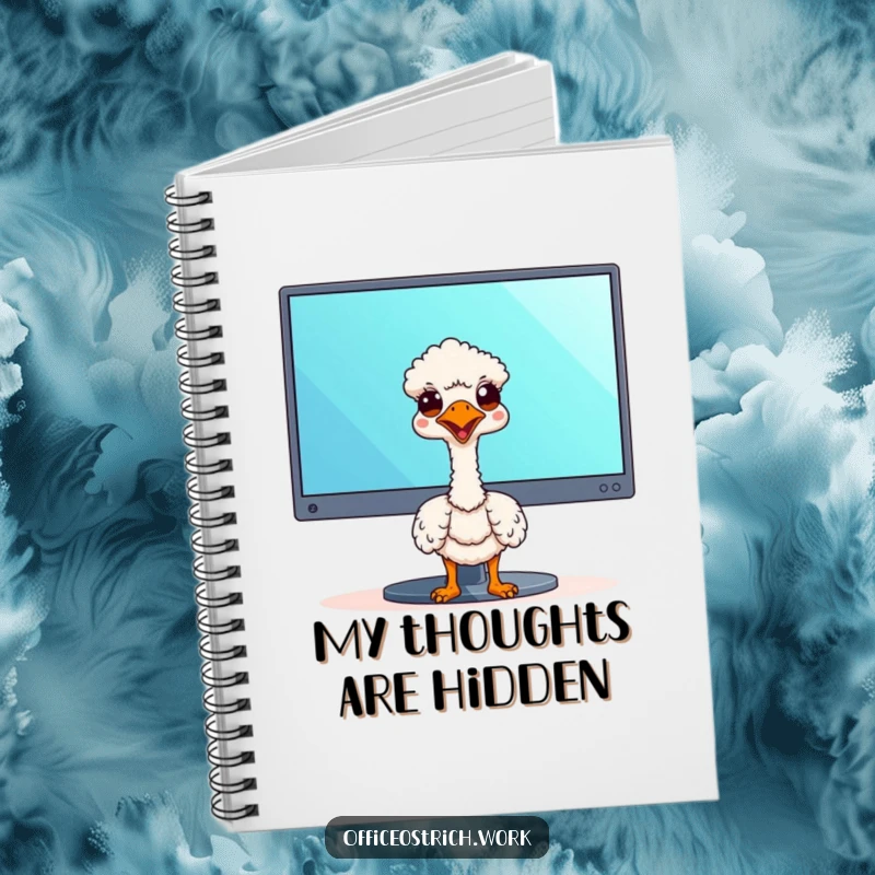 Funny kawaii ostrich peeking over a notebook, perfect for jotting down funny thoughts and ideas.