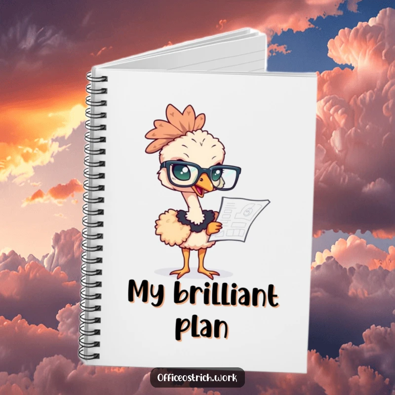 Funny ostrich wearing oversized glasses, studying a blueprint on the cover of a notebook, inspiring detailed work.