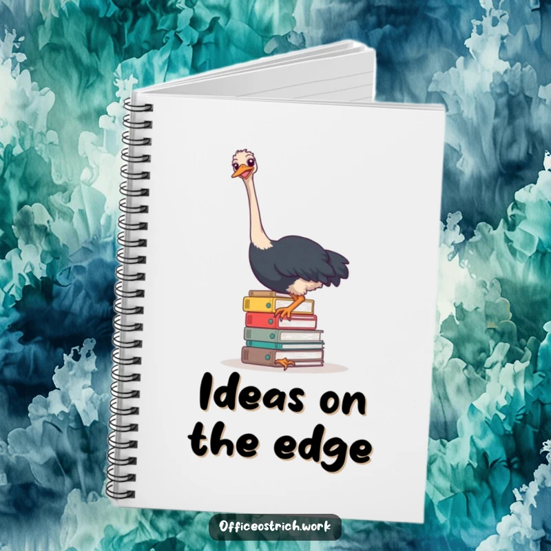 Funny ostrich peeking over a massive stack of files on the cover of a notebook, inspiring organized chaos.