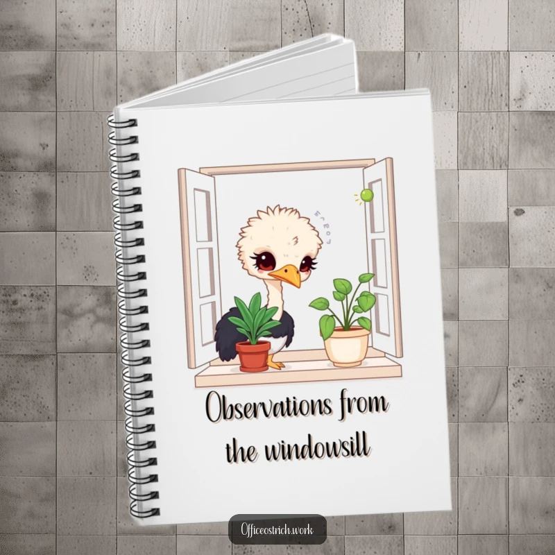 Funny notebook featuring a curious ostrich character exploring a potted plant, ready to capture your ideas.