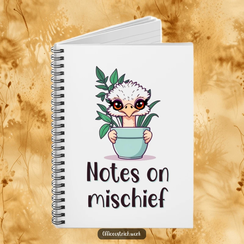 Funny ostrich peeking with mischievous eyes from behind a potted plant on the cover of a notebook.