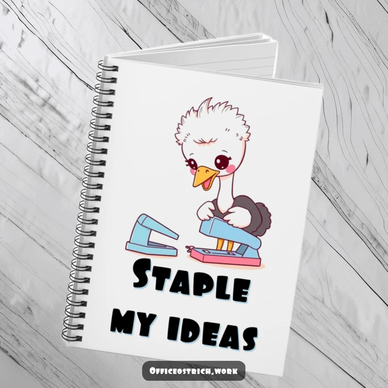 Funny notebook with a cute ostrich character playfully pecking at a desk stapler, designed for jotting down notes with a touch of humor.