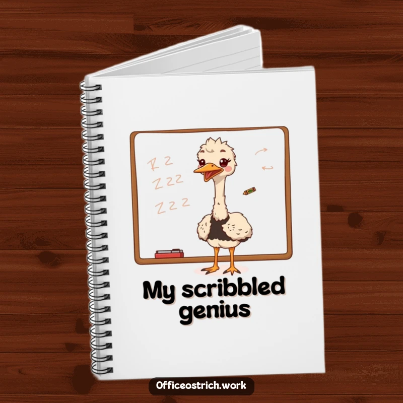 Funny ostrich excitedly scribbling on a whiteboard with a tiny crayon, inspiring creativity on this notebook.