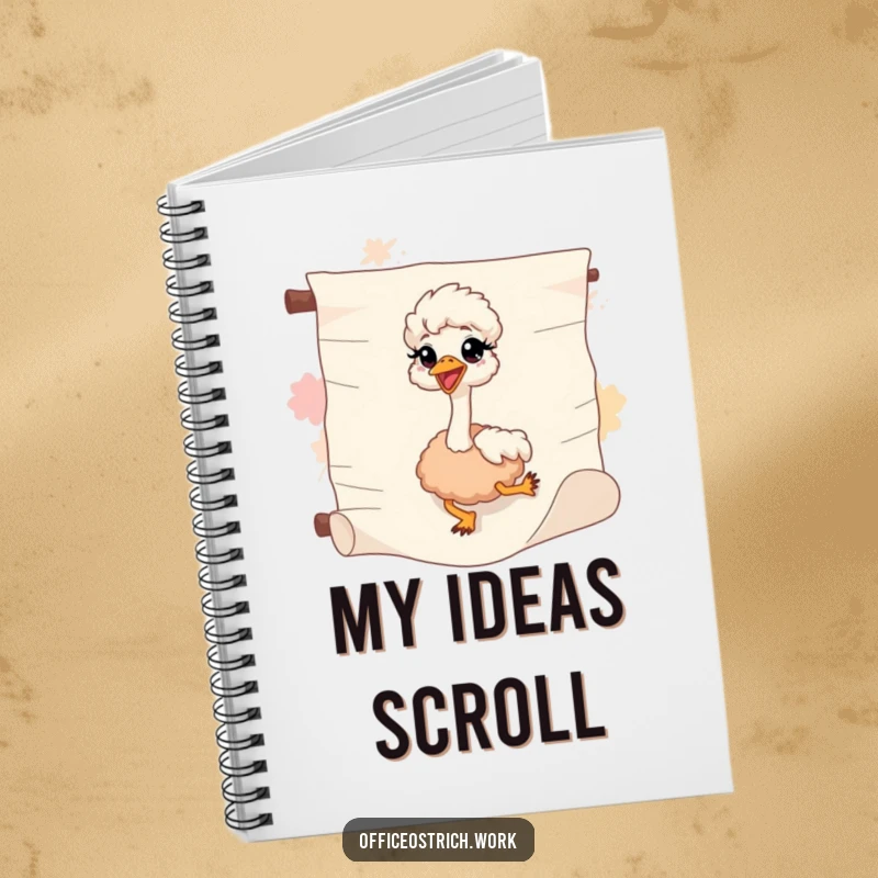 Funny ostrich sliding down a scroll on a notebook, perfect for jotting down adventure ideas with humor.