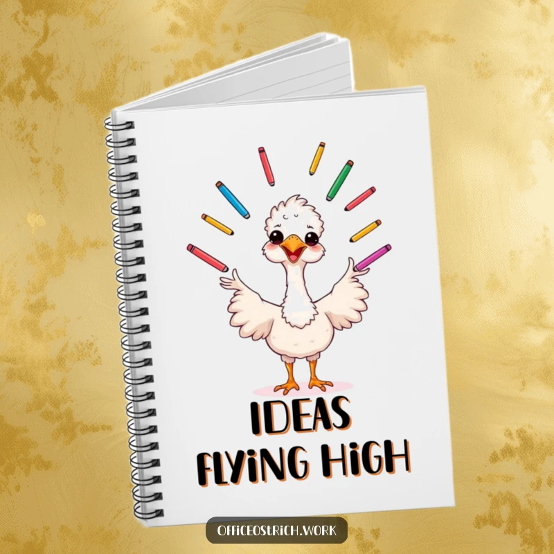 Funny cheerful ostrich juggling pens, this notebook is perfect for capturing creative ideas with humor.