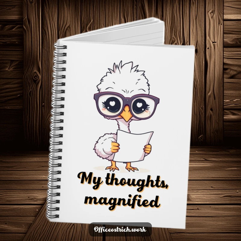 Funny notebook featuring an ostrich with oversized glasses, focused on a document, ready to hold your brilliant notes.