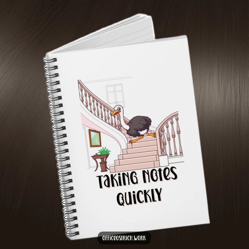 Funny ostrich sliding down an office banister on the cover of a notebook, inspiring bold ideas.