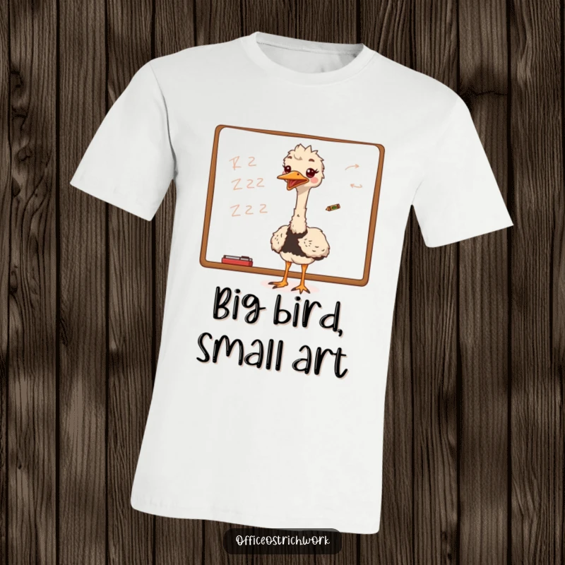 Funny ostrich enthusiastically scribbling on a whiteboard using a small crayon, designed for creativity on this t-shirt.