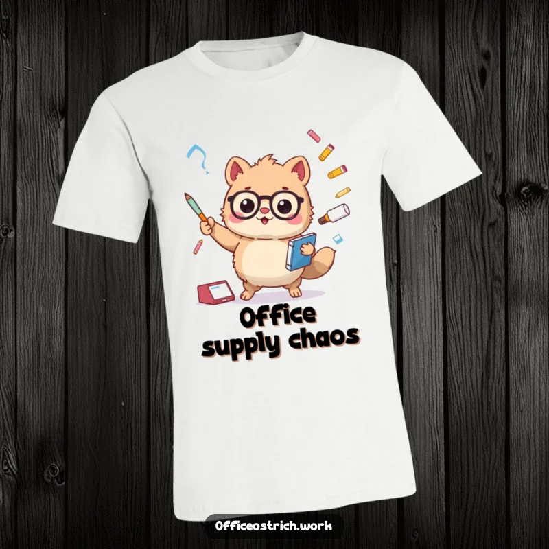 Funny fuzzy round animal character amusingly juggling large office supplies like pens and a stapler, on a comfortable t-shirt. Hilarious work-themed design.